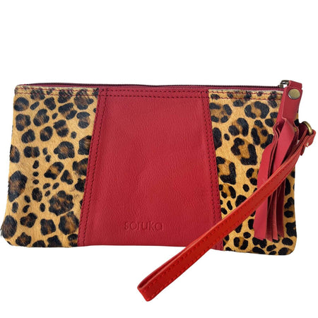 Soruka Jenna Leather Tassel Pouch - Red/Leopard