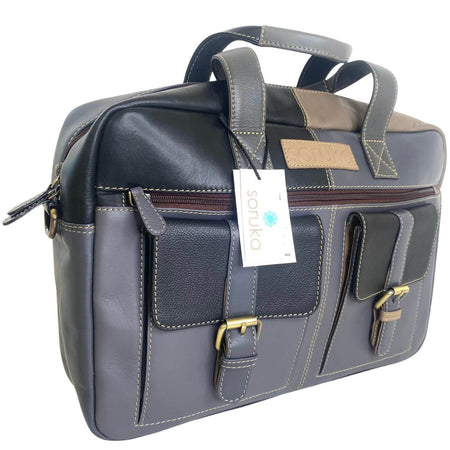 Soruka Leather Briefcase/Laptop Bag - Charcoal Grey/Black