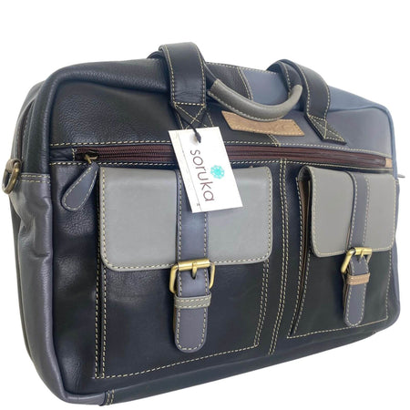 Soruka Leather Briefcase/Laptop Bag - Black/Grey