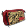 A red leather pouch with a leopard print front panel and a red leather brand patch that reads 'Sopiny'.