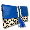 Blue and polka dot clutch bag with a tassel on a white background