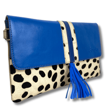 Blue and polka dot clutch bag with a tassel on a white background