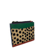 A small zip-around card holder or wallet featuring a mixed-material design with a green leather top, a tan and black leopard-print front panel, and multicolored trim along the edges.