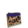 A small zippered card holder or wallet with a leopard print pattern on the front, a solid purple top panel, and a pale green bottom trim, shown on a plain white background.