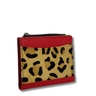 Small wallet with leopard print design and red border on a white background