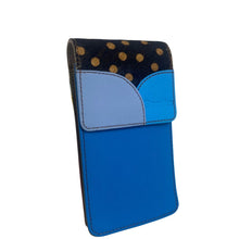 A blue leather pouch with a flap closure, featuring a light blue textured panel and a black top section with gold polka dots, shown on a plain white background.