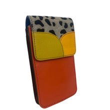 A multi-colored leather phone pouch featuring a bright orange-red lower section, a yellow flap accent, and a gray-and-black leopard print top panel, shown on a plain white background.