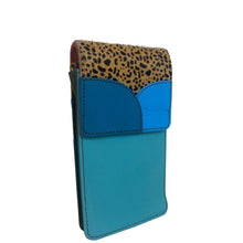 A small leather card holder or pouch with a leopard print top flap and bright blue color-blocked panels, shown on a plain white background.