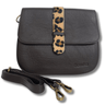 dark brown leather bag with a leopard print strap on a white background