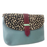 Clutch bag with spotted flap and turquoise body on a white background