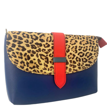 Handbag with leopard print top flap and blue body on a white background