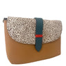 Clutch bag with spotted flap and brown body on a white background