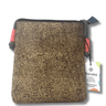 Patterned pouch with a visible brand tag on a white background