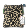Patterned pouch with a visible brand tag on a white background