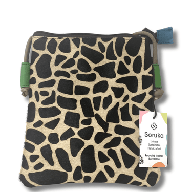Patterned pouch with a visible brand tag on a white background