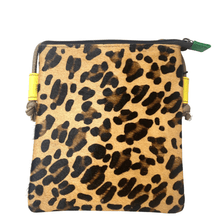 Leopard print pouch with yellow accents on a white background