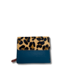 Blue wallet with leopard print flap on a white background