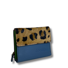 Blue wallet with leopard print flap on a white background