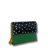 Green wallet with polka dot flap on a white background