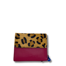 Small wallet with leopard print top flap and pink body on a white background