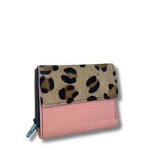 Pink wallet with leopard print flap on a white background