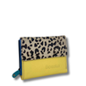 Small wallet with leopard print top section and yellow bottom section on a white background