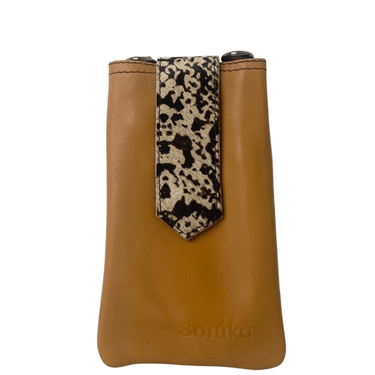 Brown leather pouch with a leopard print strap on a white background
