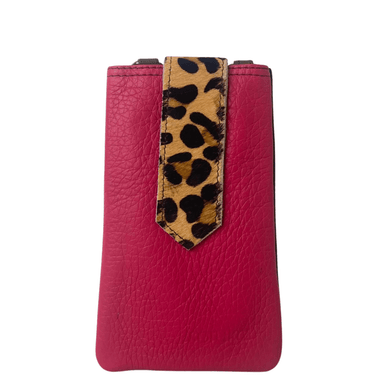 Pink phone case with a leopard print strap on a white background