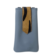 Blue phone case with a brown and black patterned flap on a white background