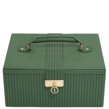Green jewelry box with a handle and gold lock on a white background