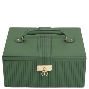 Green jewelry box with a handle and gold lock on a white background