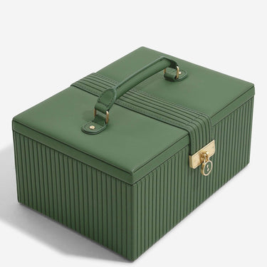 Green jewelry box with a gold clasp on a white background