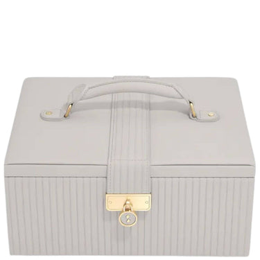 A light gray faux leather jewelry box with a top handle, vertical ribbed texture, and a gold-tone padlock clasp on a white background.