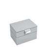 A light gray rectangular storage box with a hinged lid and a silver metal latch, shown on a plain white background.