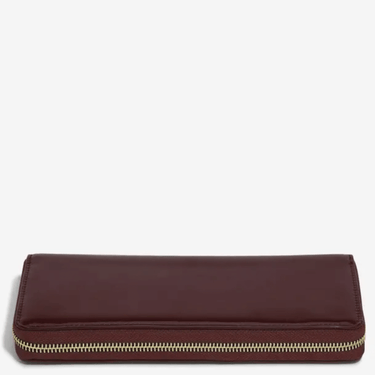 Brown wallet with a gold zipper on a white background