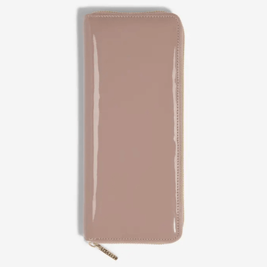 Beige wallet with a gold zipper on a white background