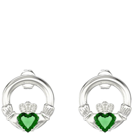 Sterling Silver Emerald Claddagh Stud Earrings