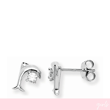 Silver earrings with a clear gemstone on a white background