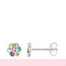 Multicolored gemstone stud earrings on a white background