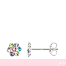 Multicolored gemstone stud earrings on a white background