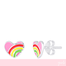 Heart-shaped rainbow earrings on a white background