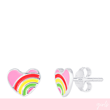 Heart-shaped rainbow earrings on a white background