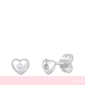 Heart-shaped silver earrings with clear gemstones on a white background