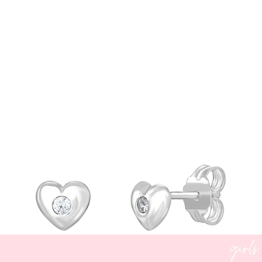 Heart-shaped silver earrings with clear gemstones on a white background