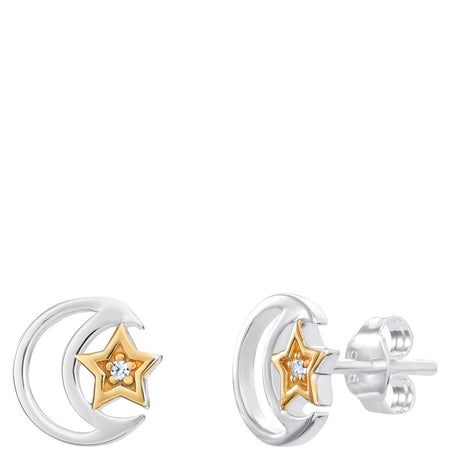 Sterling Silver Girls Small Moon and Star Stud Earrings