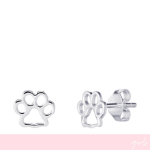 Silver paw print earrings on a white background