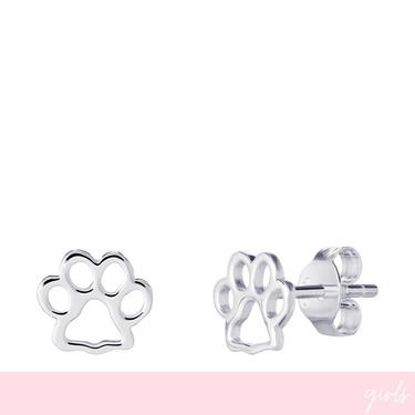 Silver paw print earrings on a white background