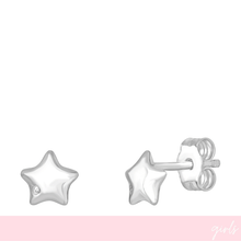 Silver star-shaped earrings on a white background with a pink gradient at the bottom.