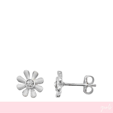 Sterling Silver Girls White Flower Stud Earrings