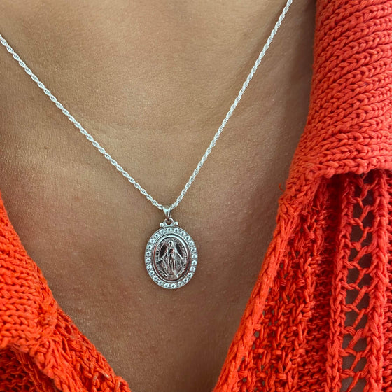 Sterling Silver Miraculous Medal & Twist Rope Chain Necklace